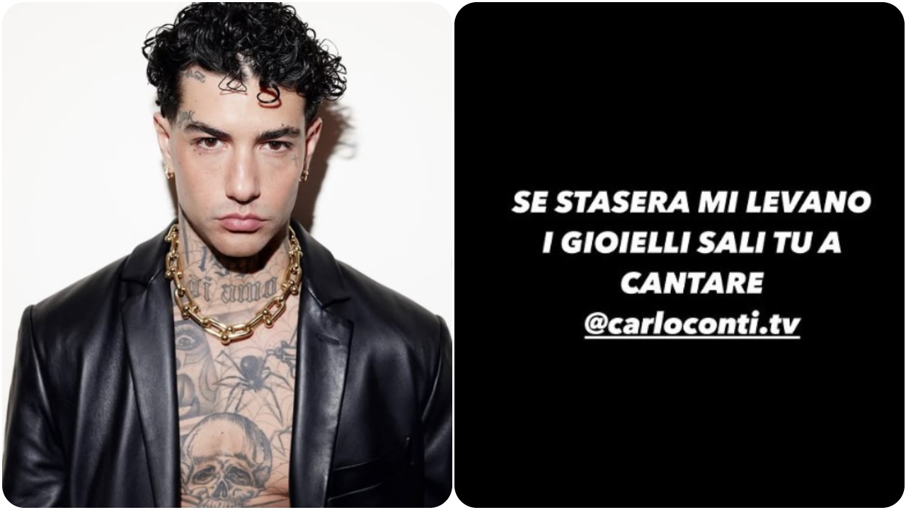 Sanremo 2025, Tony Effe tuona e manda un messaggio a Carlo Conti: “Se stasera mi levano i gioielli sali tu a cantare”